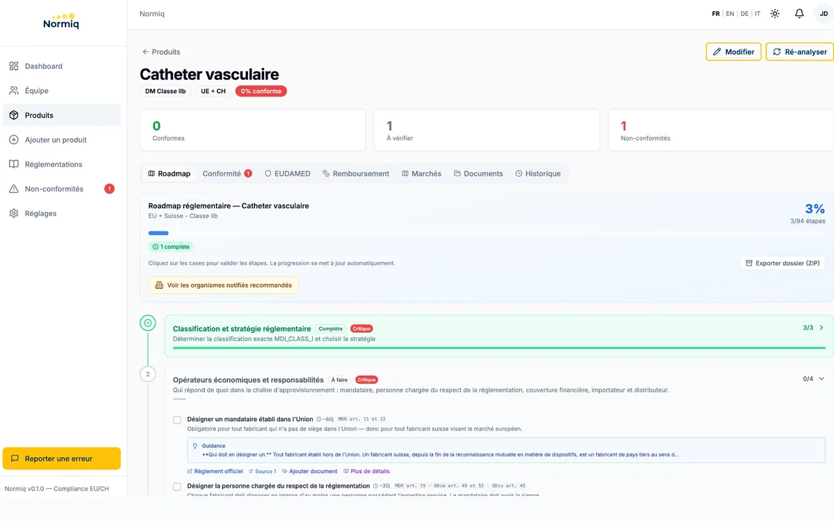 Application Normiq : feuille de route réglementaire d’un produit, étapes et conformité